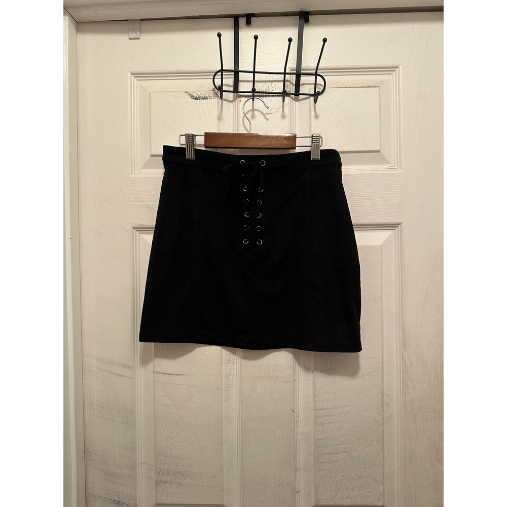 Black Faux Suede Lace Up Front Mini Skirt Goth Punk Festival